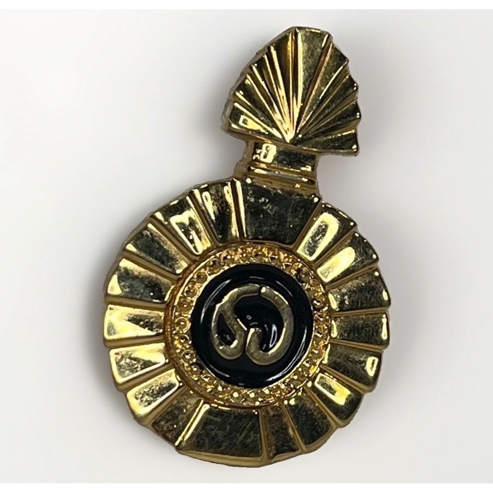 Vintage Gold ST. John Perfume Bottle Brooch Black Enamel S Logo Sunburst Pin